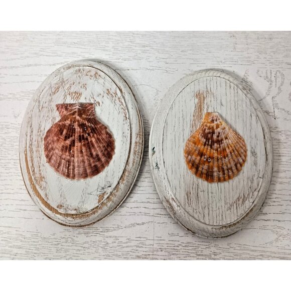 Vintage Handmade Wood Sea Shell Oval Wall Plaque Set Coastal Beach Decor - Picture 1 of 6